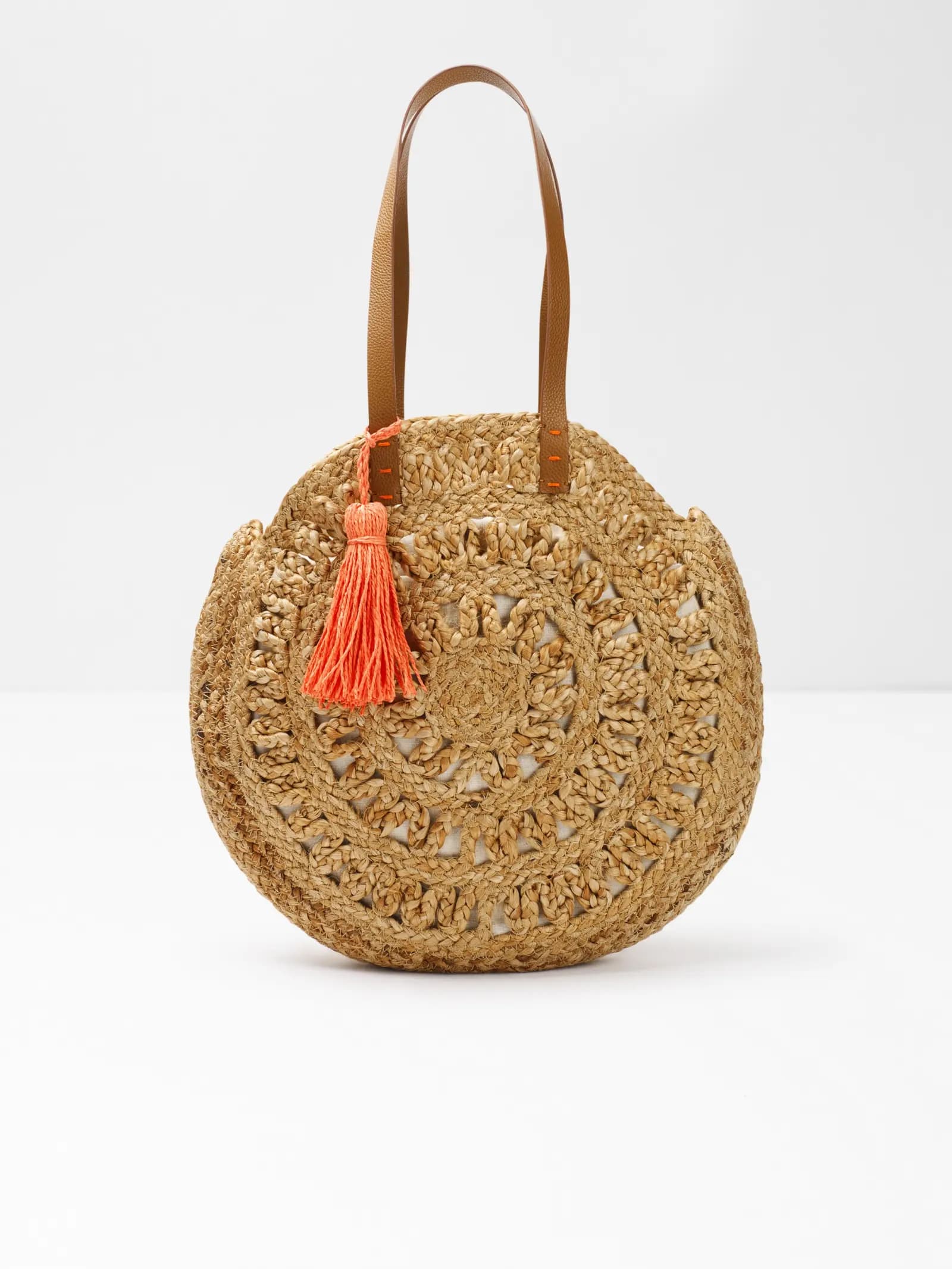JUTE BRAIDED ROUND TOTE BAG WITH LEATEHR STRAP AND TASSEL