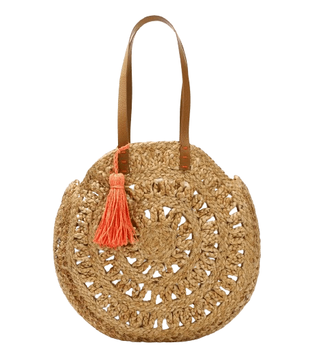 JUTE BRAIDED ROUND TOTE BAG WITH LEATEHR STRAP AND TASSEL
