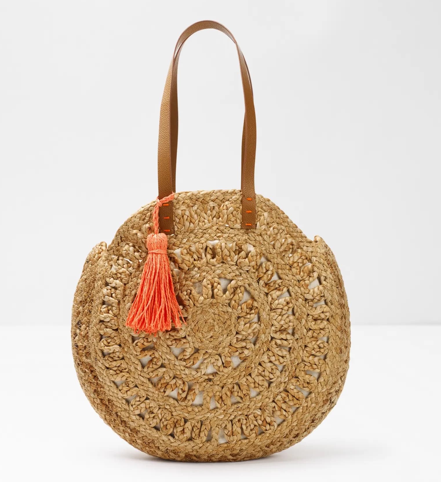 JUTE BRAIDED ROUND TOTE BAG WITH LEATEHR STRAP AND TASSEL