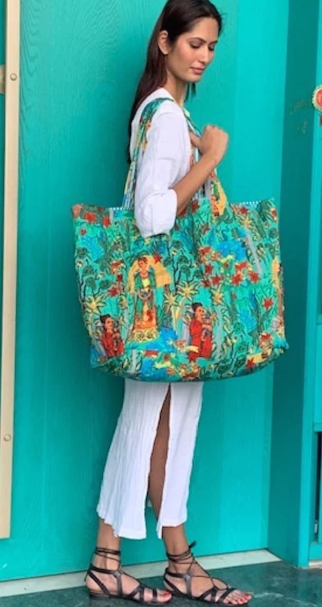 COTTON BLOCK PRINT BEACH BAG