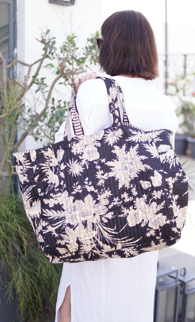 BLACK FLORAL PRINT COTTON BEACH BAG