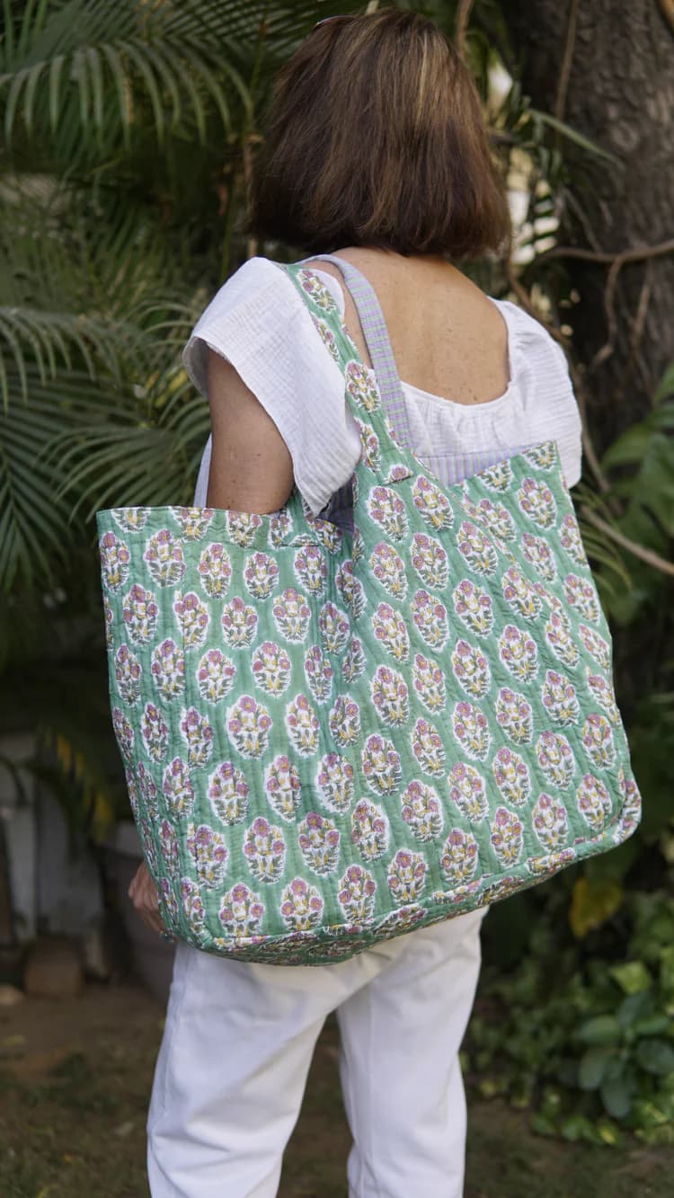 GREEN FLORAL BLOCK PRINT COTTON BEACH BAG