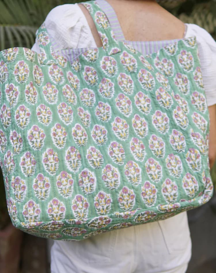 GREEN FLORAL BLOCK PRINT COTTON BEACH BAG
