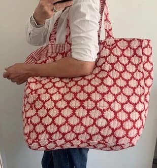 RED BLOCK PRINT COTTON BEACH BAG