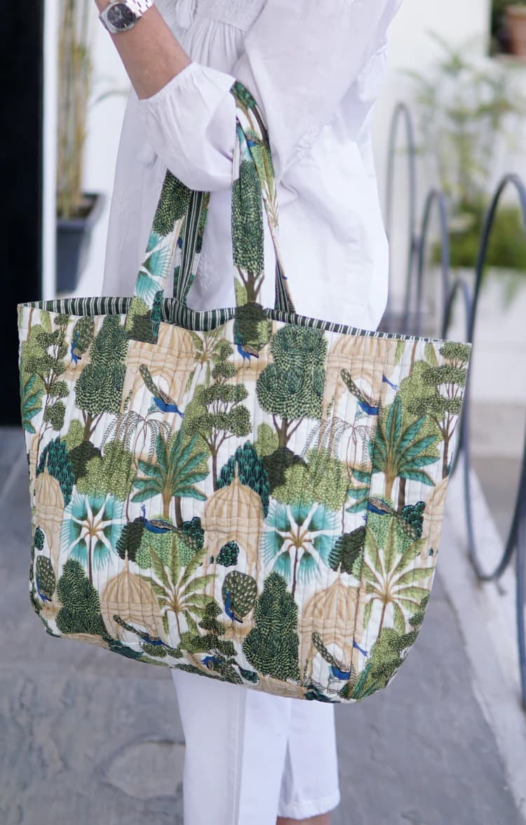 GREEN MULTI BLOCK PRINT COTTON BEACH BAG