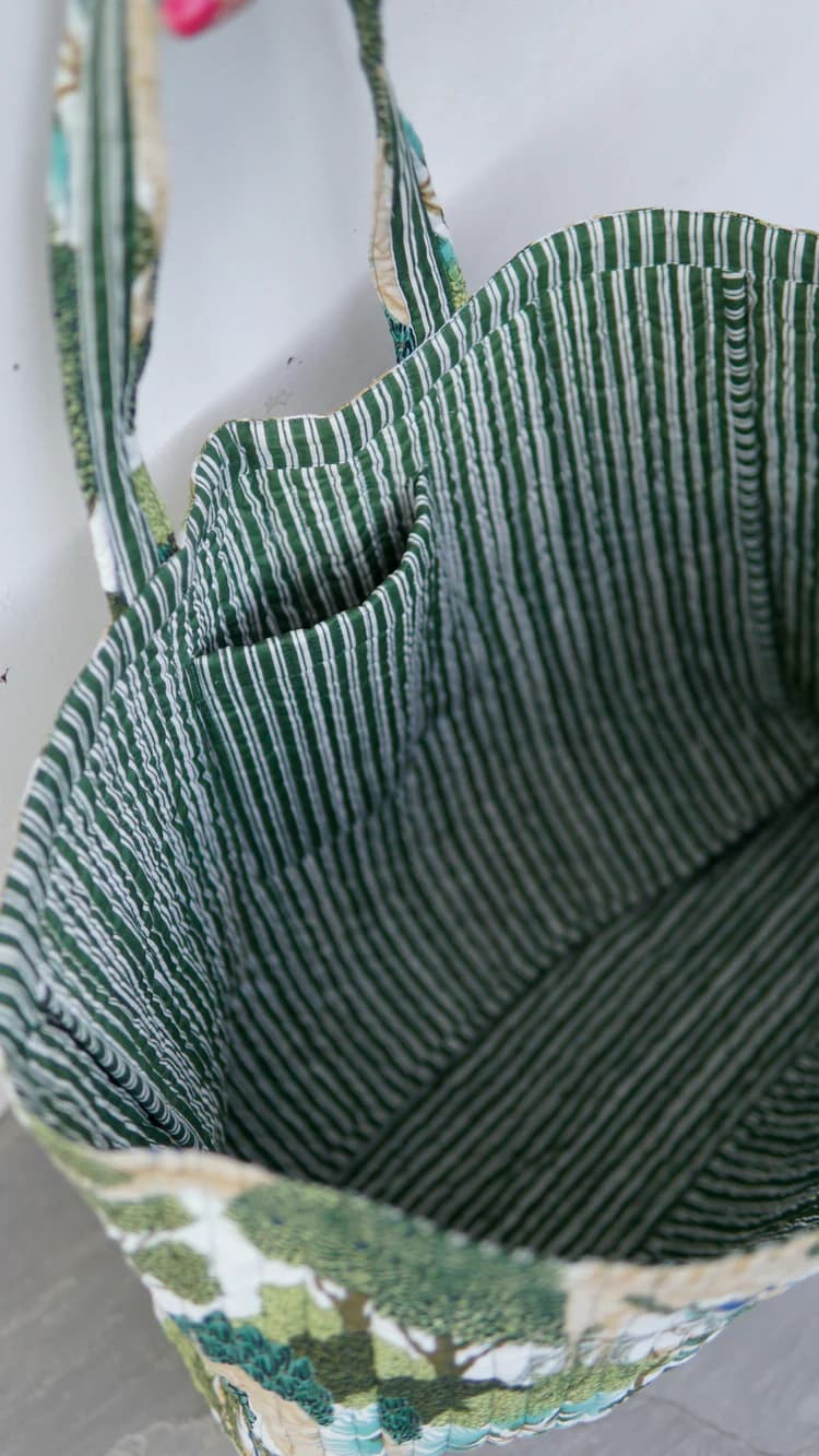 GREEN MULTI BLOCK PRINT COTTON BEACH BAG