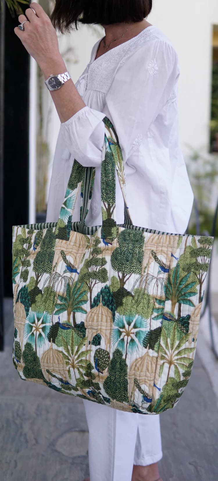 GREEN MULTI BLOCK PRINT COTTON BEACH BAG