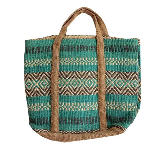 TURQ GROMETRICAL DESIGN COTON JUTE BEACH BAG