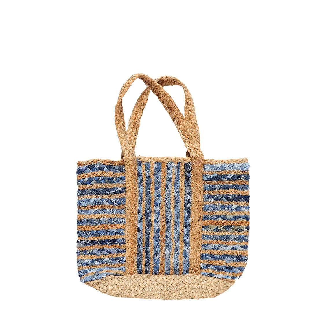 RECYCLED DENIM COTTON BRAIDED JUTE BEACH TOTE BAG