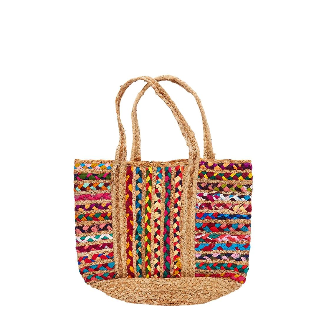 RECYCLED MULTI COLORED FABRIC BRAIDED JUTE BEACH TOTE BAG