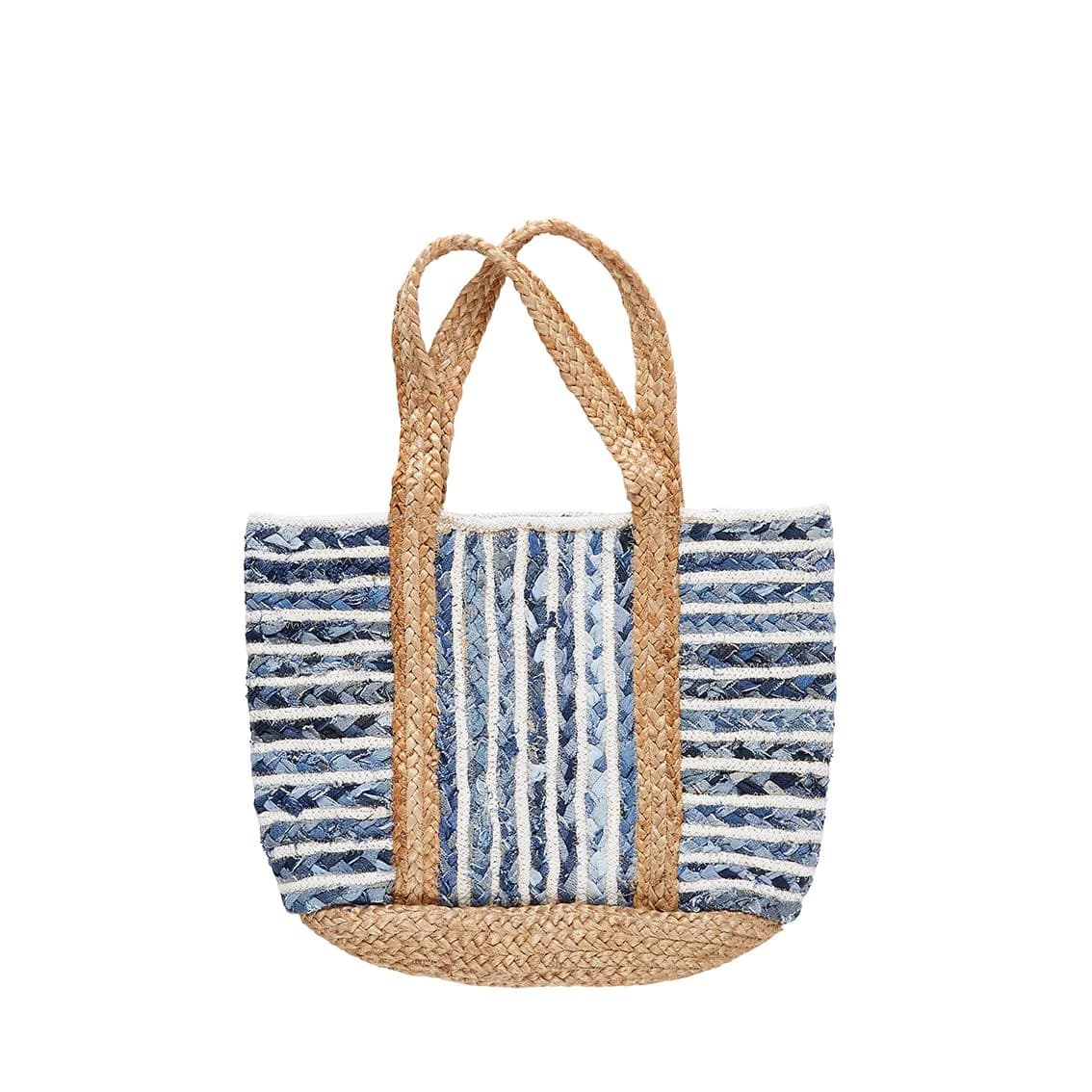 RECYCLED LIGHT DENIM COTTON BRAIDED JUTE BEACH TOTE BAG
