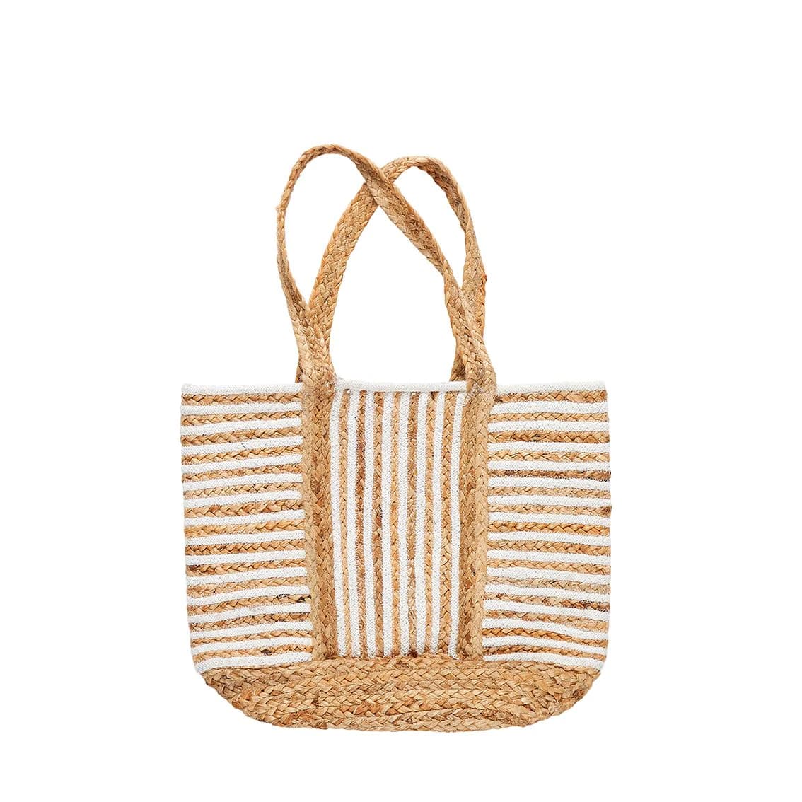 RECYCLED WHITE STRIPED BRAIDED JUTE BEACH TOTE BAG