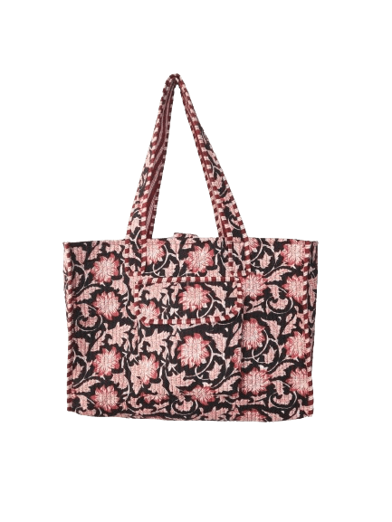 BLACK FLORAL PRINTED HANDMADE QUILTED TOTE BAG