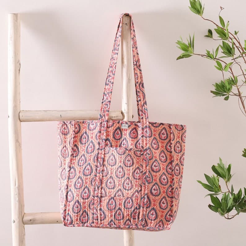 PEACH PINK BLOCK PRINT COTTON TOTE BAG