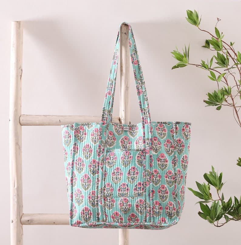BASE GREEN FLORAL PRINT COTTON TOTE BAG