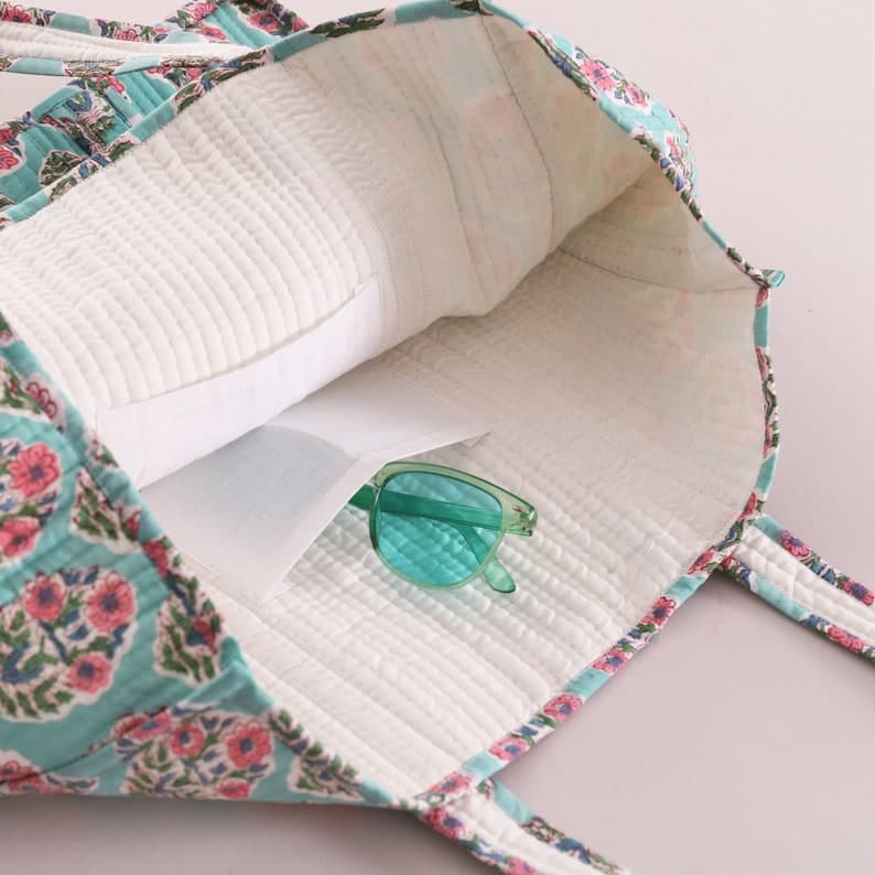 BASE GREEN FLORAL PRINT COTTON TOTE BAG