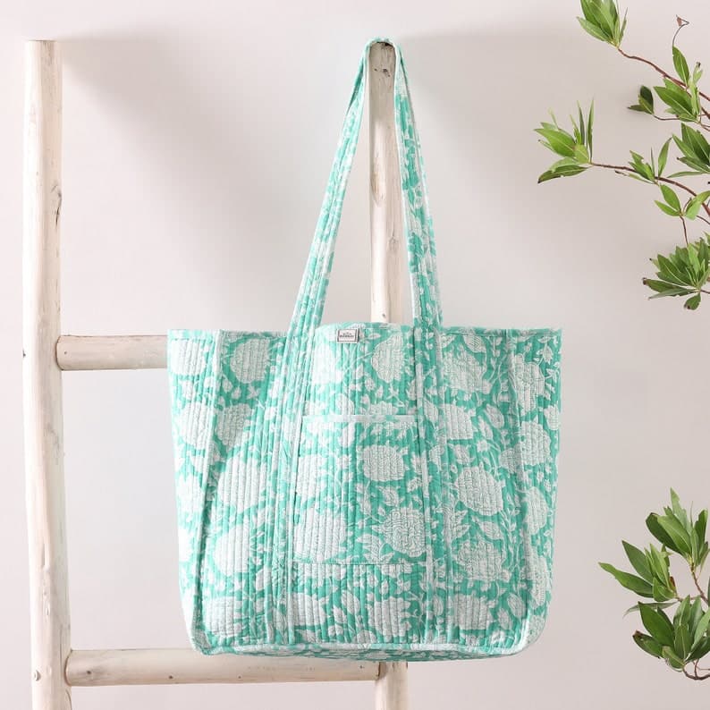 TURQ WHITE FLORAL PRINT COTTON TOTE BAG
