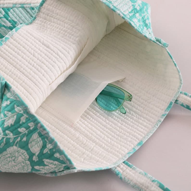 TURQ WHITE FLORAL PRINT COTTON TOTE BAG
