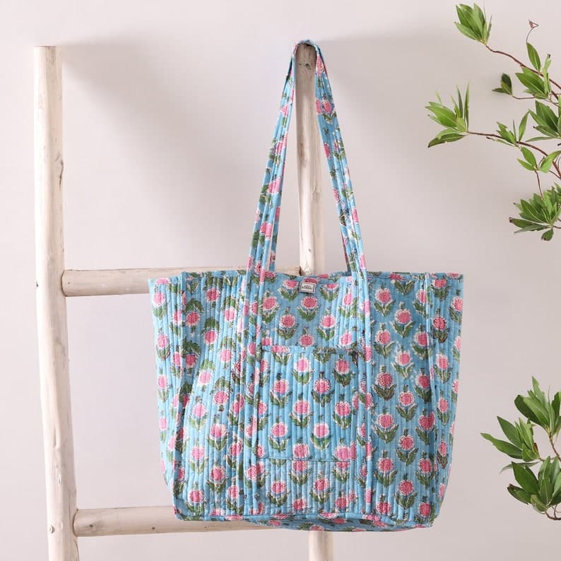 SKY BLUE FLORAL PRINT COTTON TOTE BAG