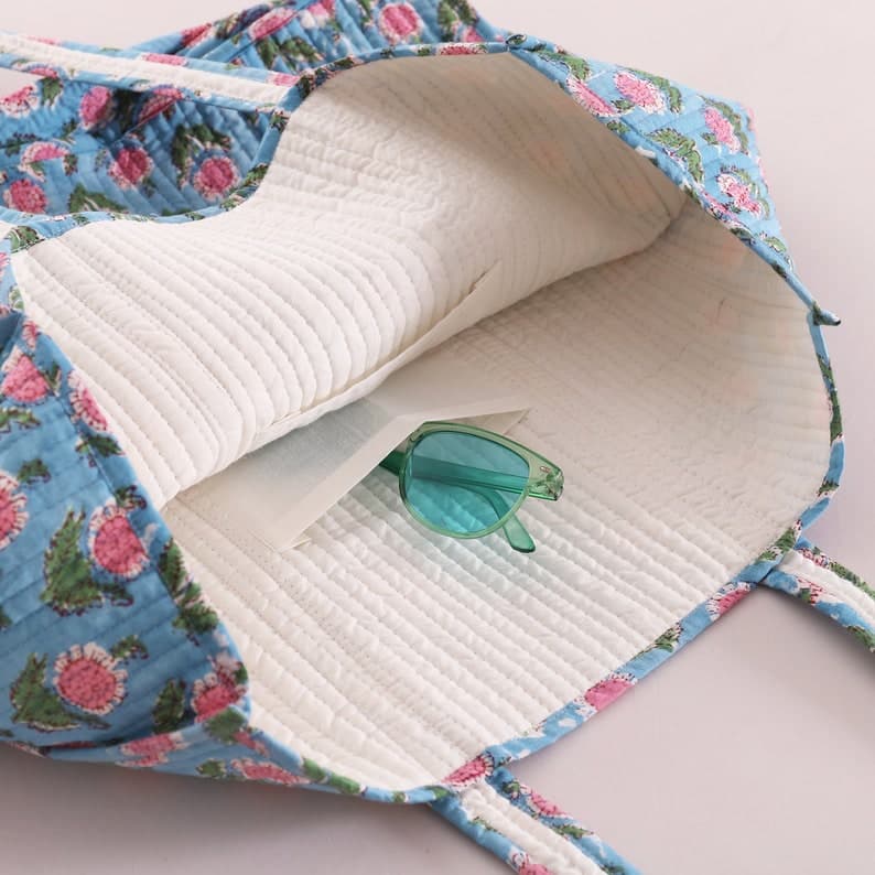 SKY BLUE FLORAL PRINT COTTON TOTE BAG