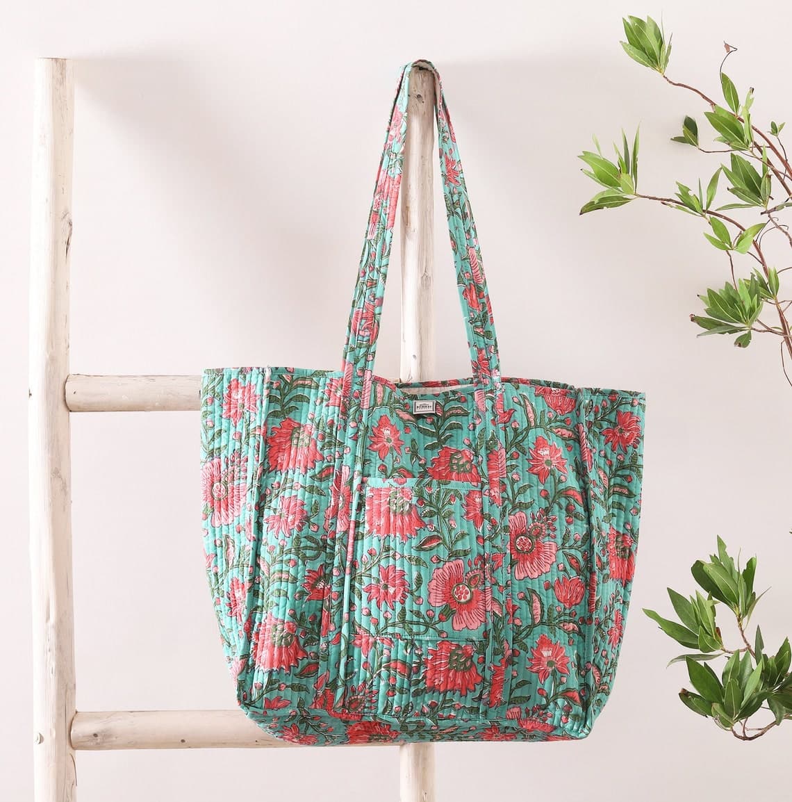 GREEN WITH RED FLORAL PRINT COTTON TOTE BAG