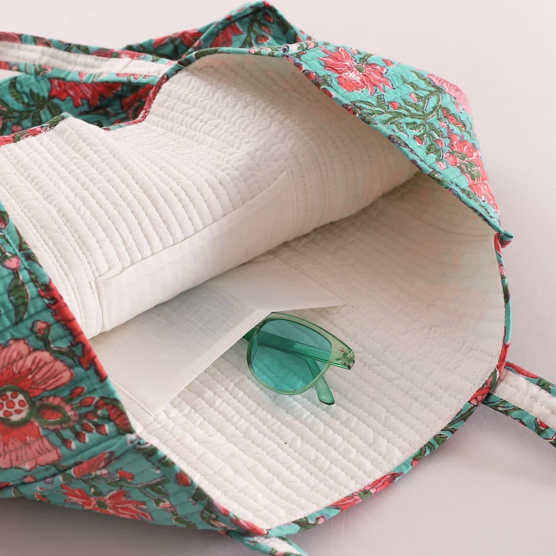 GREEN WITH RED FLORAL PRINT COTTON TOTE BAG