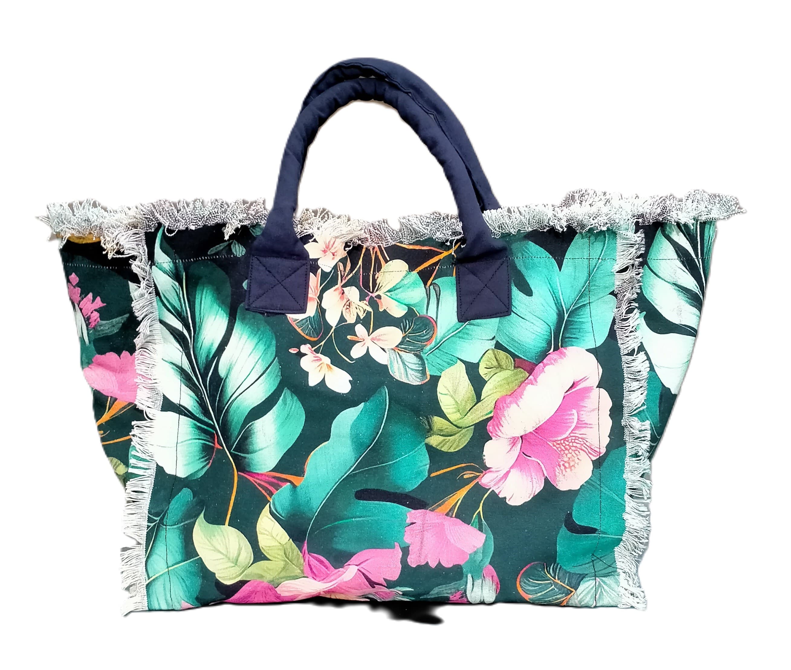 BLACK TROPICAL PRINT BEACH TOTE BAG