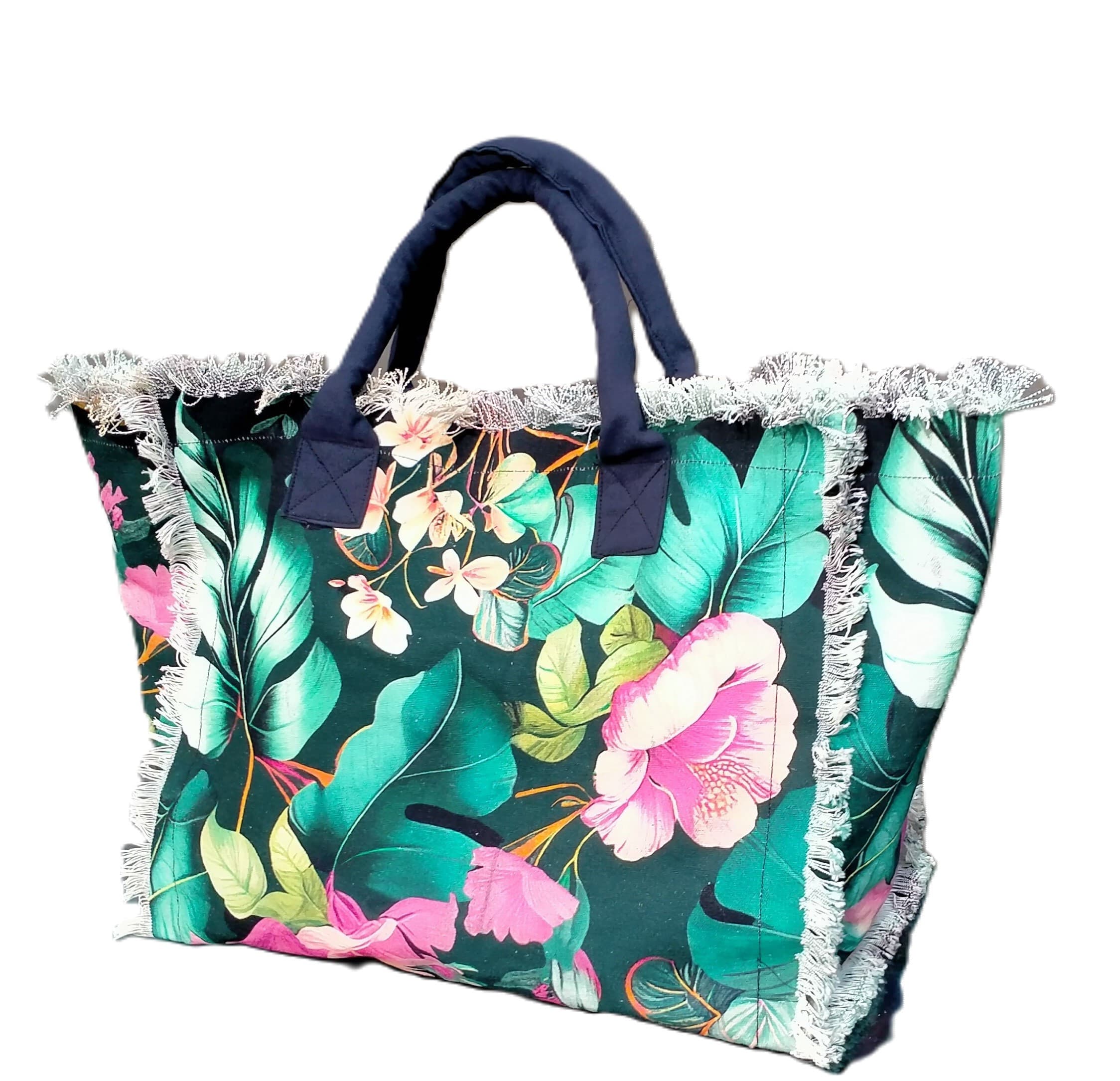 BLACK TROPICAL PRINT BEACH TOTE BAG