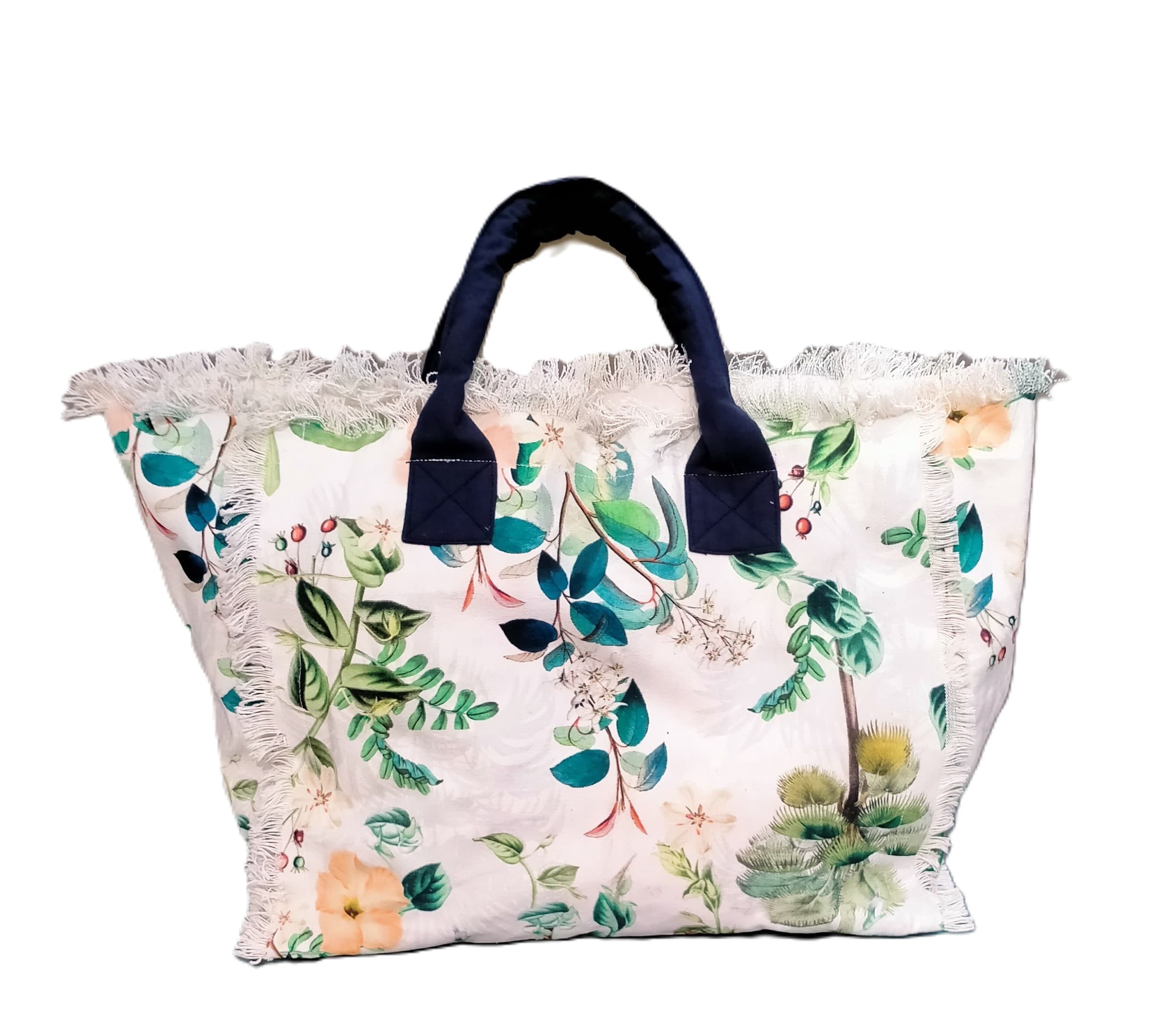 WHITE FLORAL PRINT BEACH TOTE BAG
