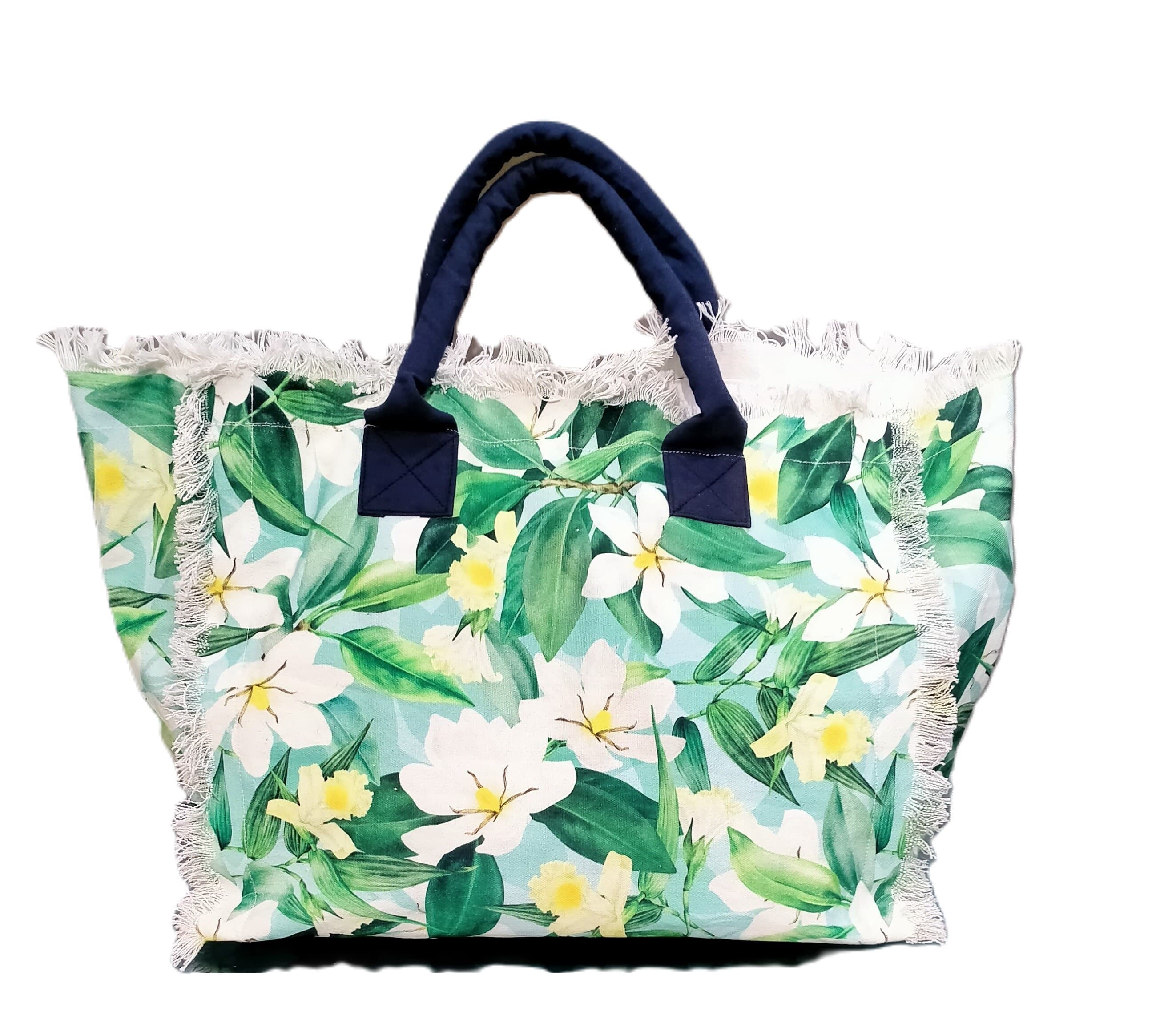 WHITE AND GREEN FLORAL PRINT BEACH TOTE BAG