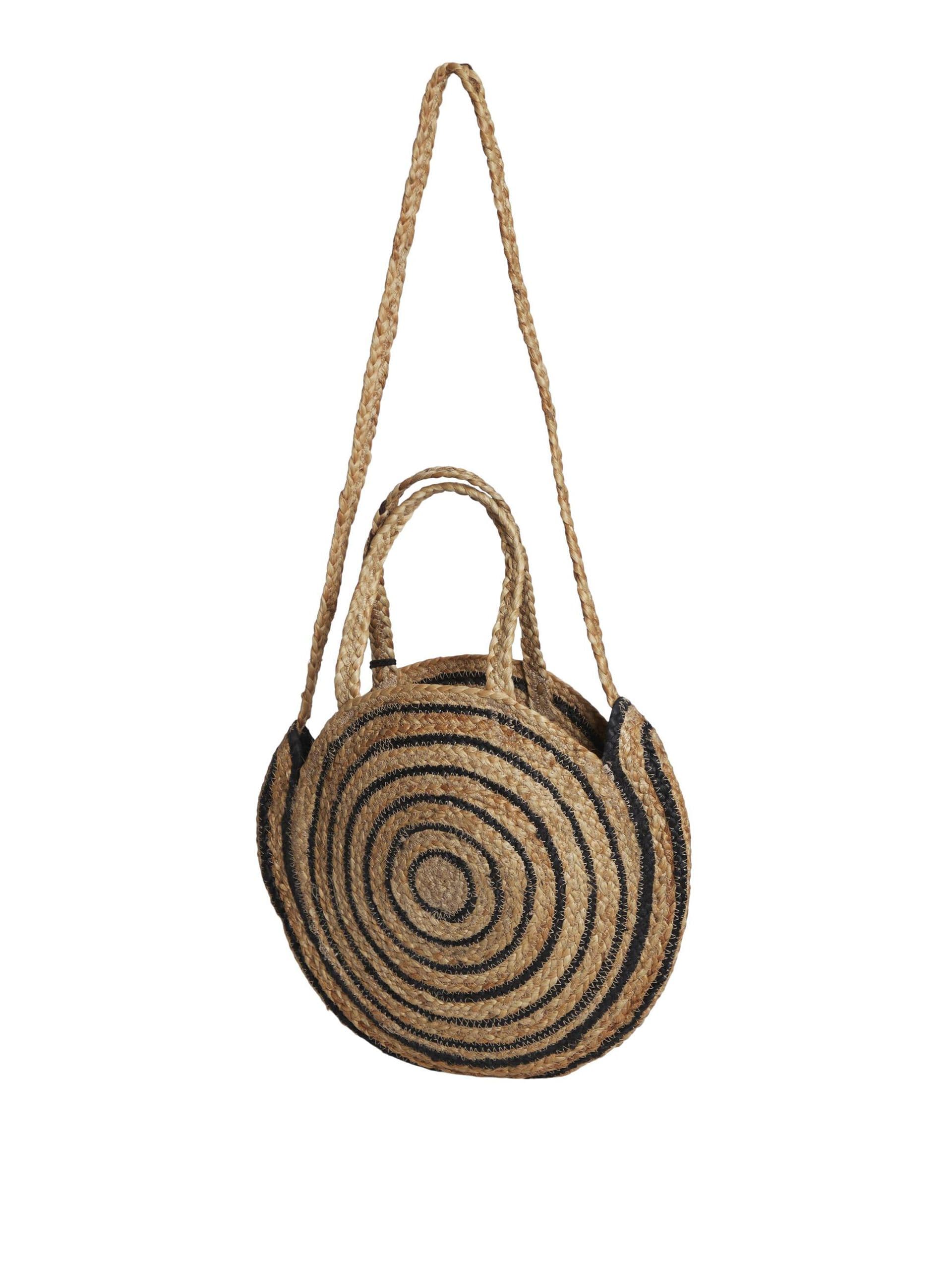 NATURAL AND BLACK ROUND JUTE BEACH BAG
