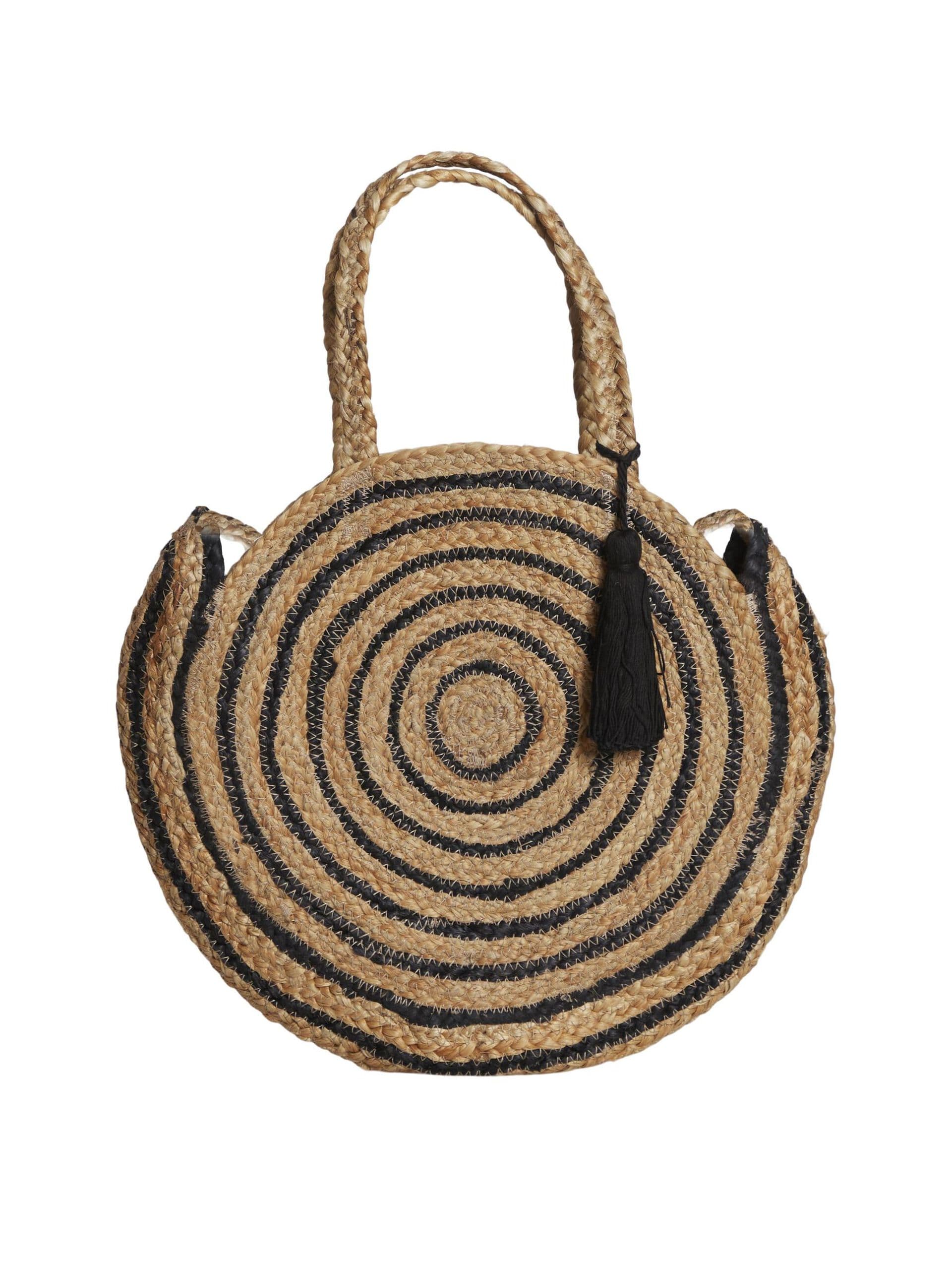 NATURAL AND BLACK ROUND JUTE BEACH BAG
