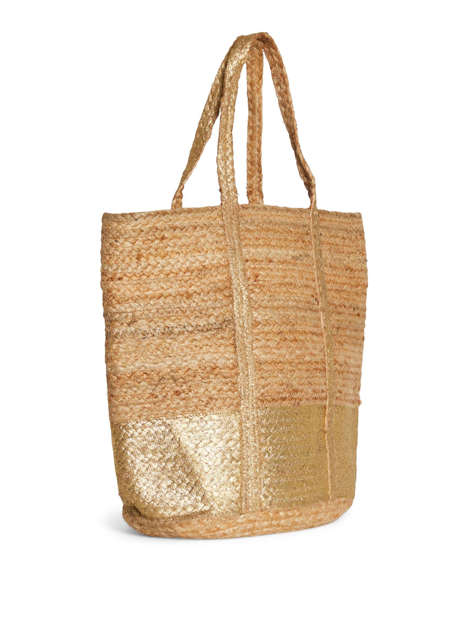 NATURAL AND GOLDEN BRAIDED JUTE BEACH BAG