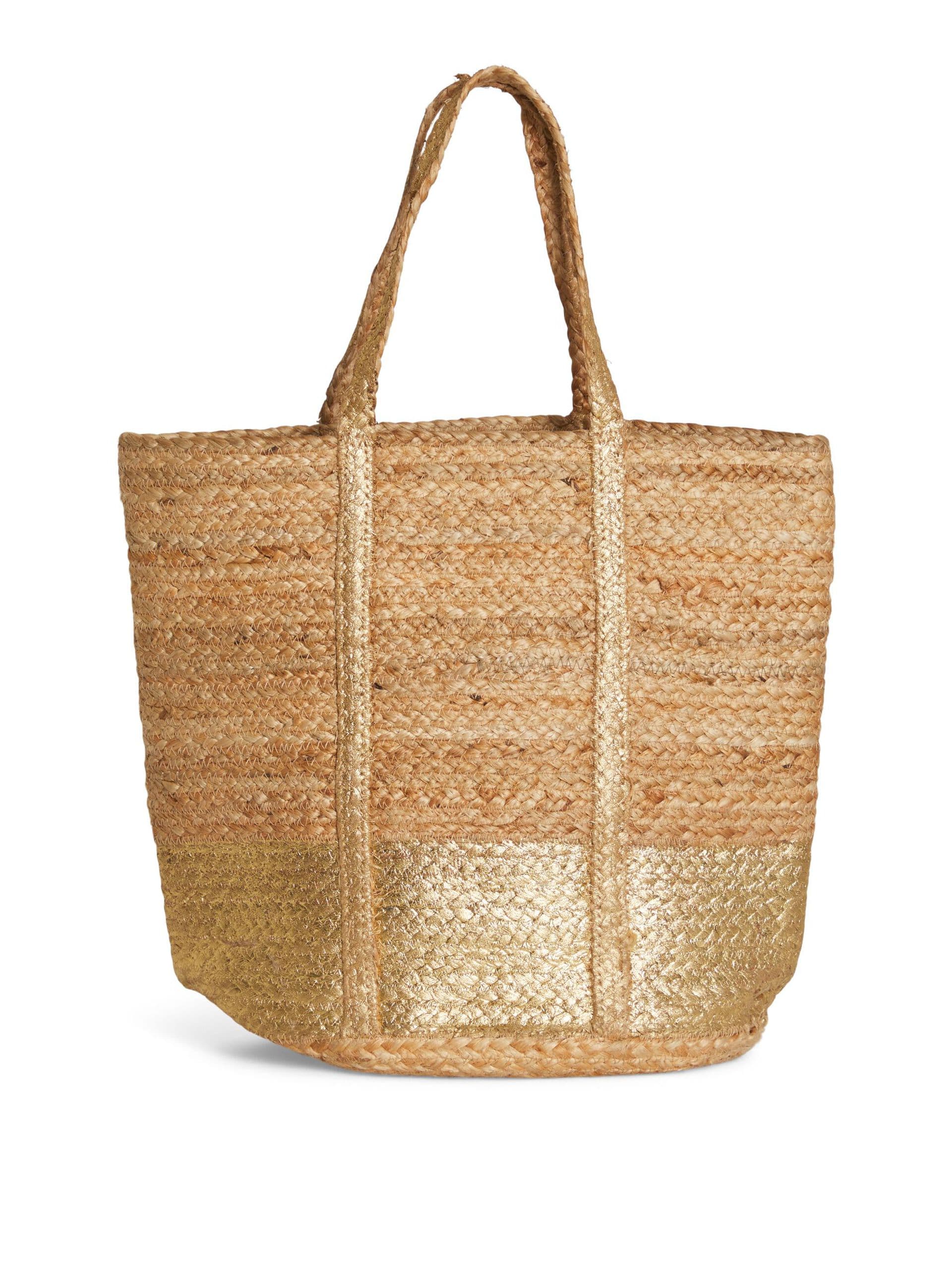 NATURAL AND GOLDEN BRAIDED JUTE BEACH BAG