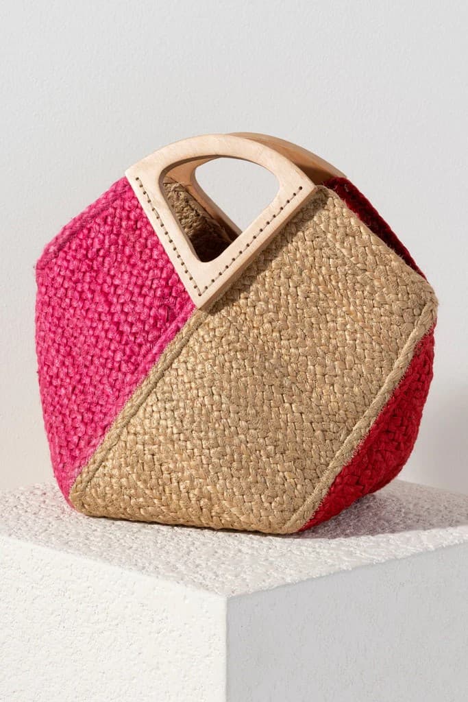 RED AND NATURAL SMALL TOTE BAG WITH WOOD HANDLES