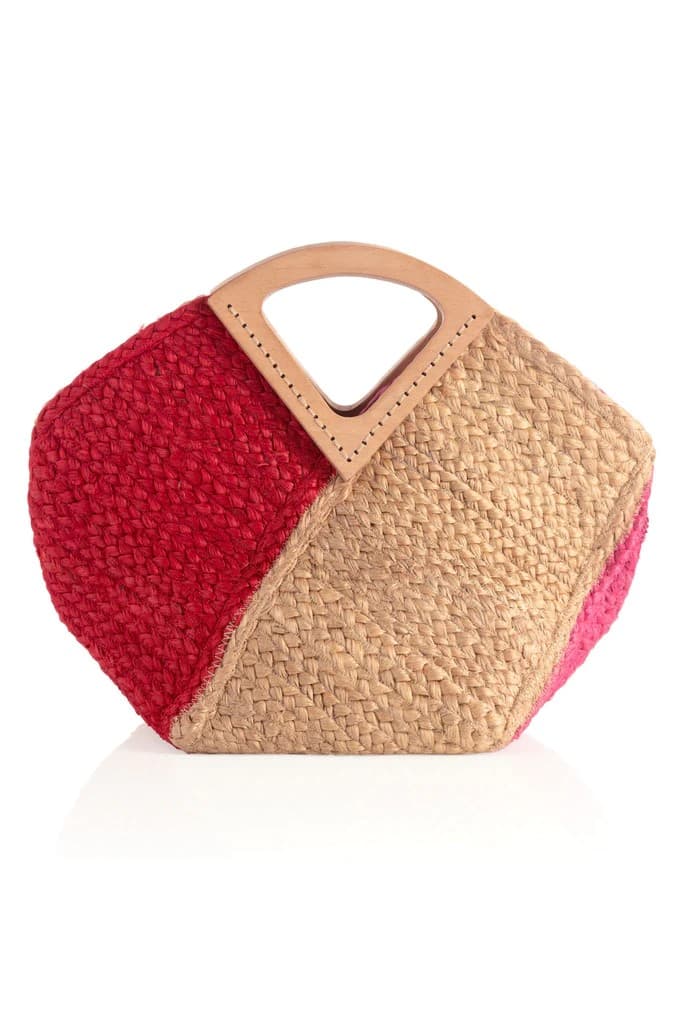 RED AND NATURAL SMALL TOTE BAG WITH WOOD HANDLES