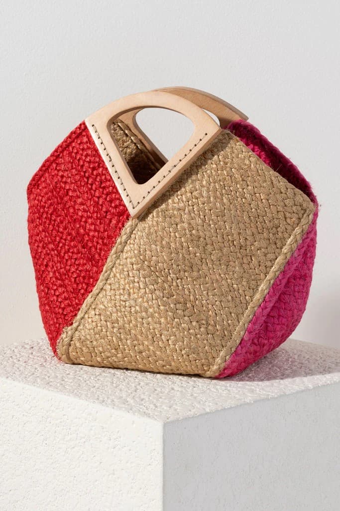 RED AND NATURAL SMALL TOTE BAG WITH WOOD HANDLES