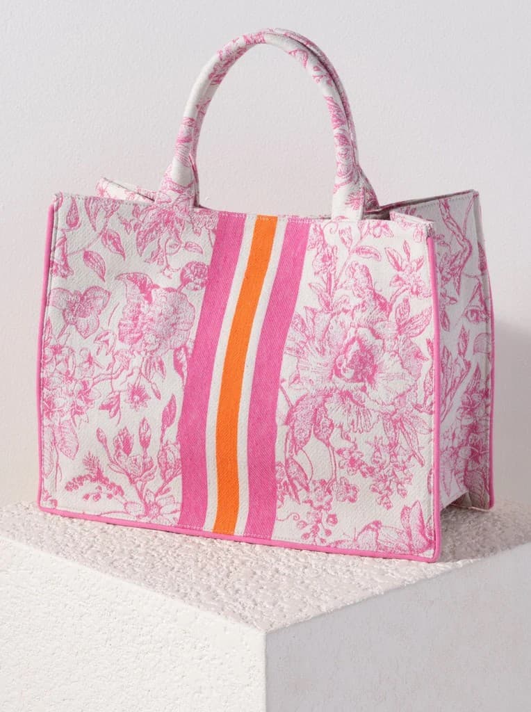 PINK FLORAL AND STRIPES PRINT COTTON TOTE BAG