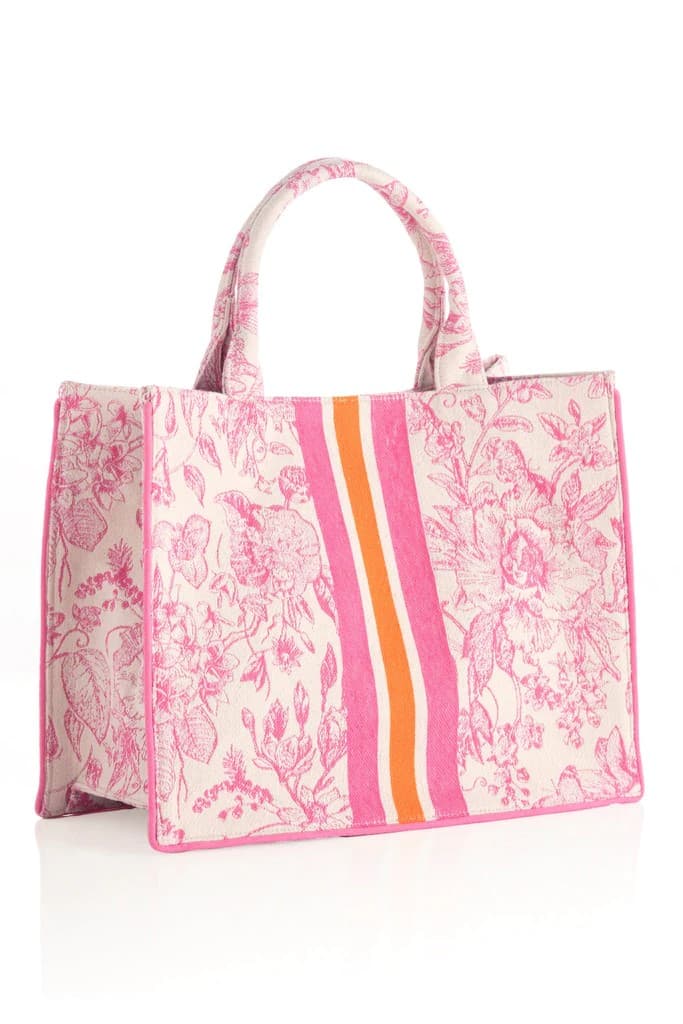 PINK FLORAL AND STRIPES PRINT COTTON TOTE BAG