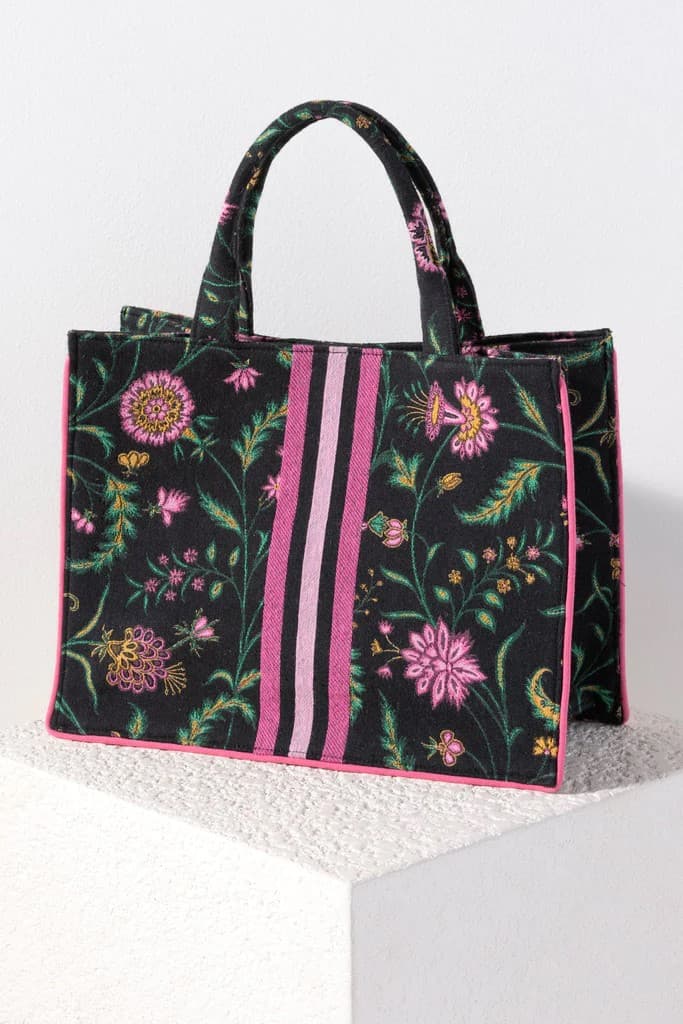 BLACK FLORAL AND STRIPES PRINT COTTON TOTE BAG