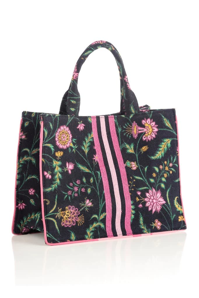 BLACK FLORAL AND STRIPES PRINT COTTON TOTE BAG