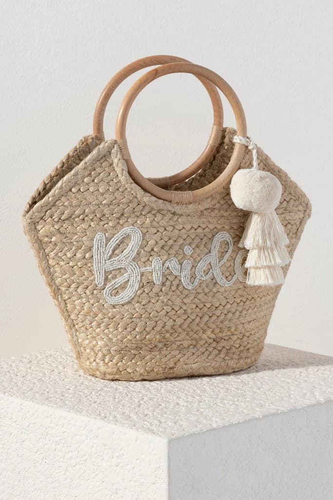 NATURAL MINI TOTE BAG WITH BRIDE SLOGAN AND WOOD HANDLES