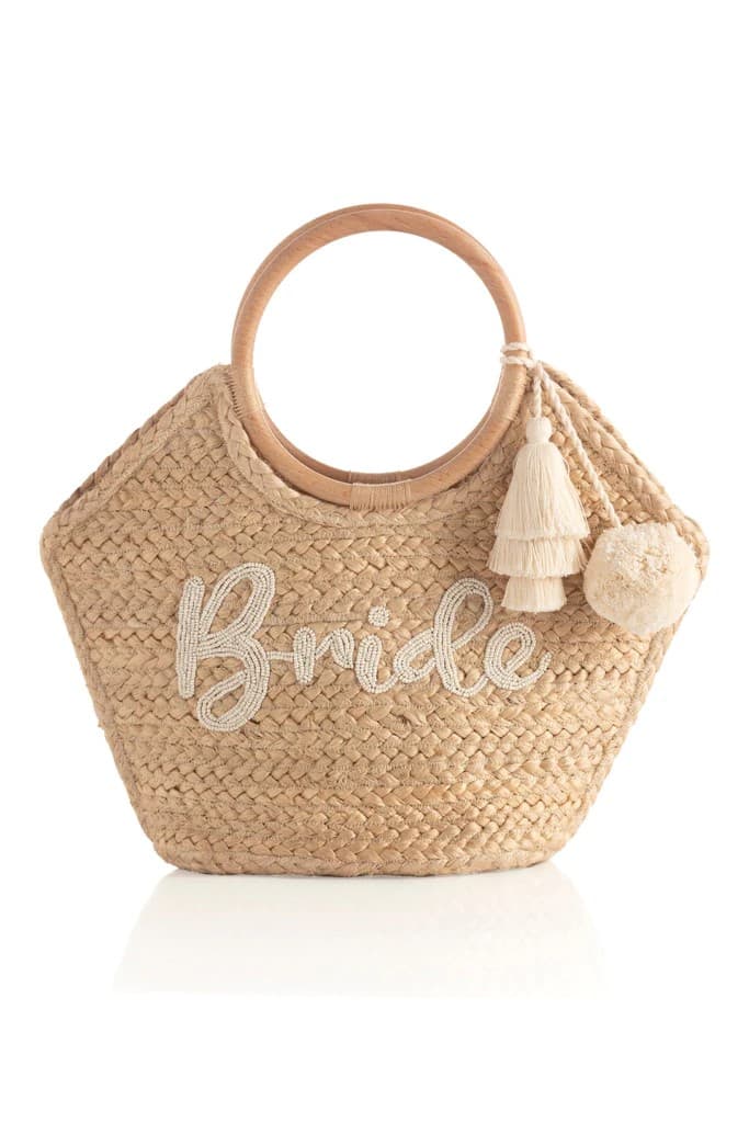 NATURAL MINI TOTE BAG WITH BRIDE SLOGAN AND WOOD HANDLES
