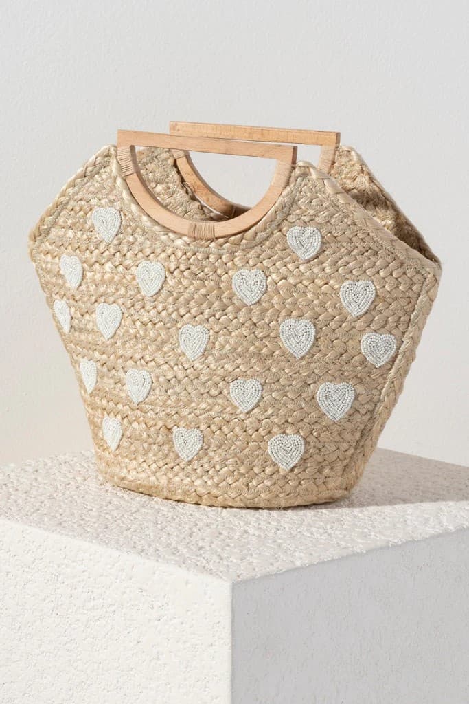 NATURAL MINI TOTE BAG WITH HEART SLOGAN AND WOOD HANDLES