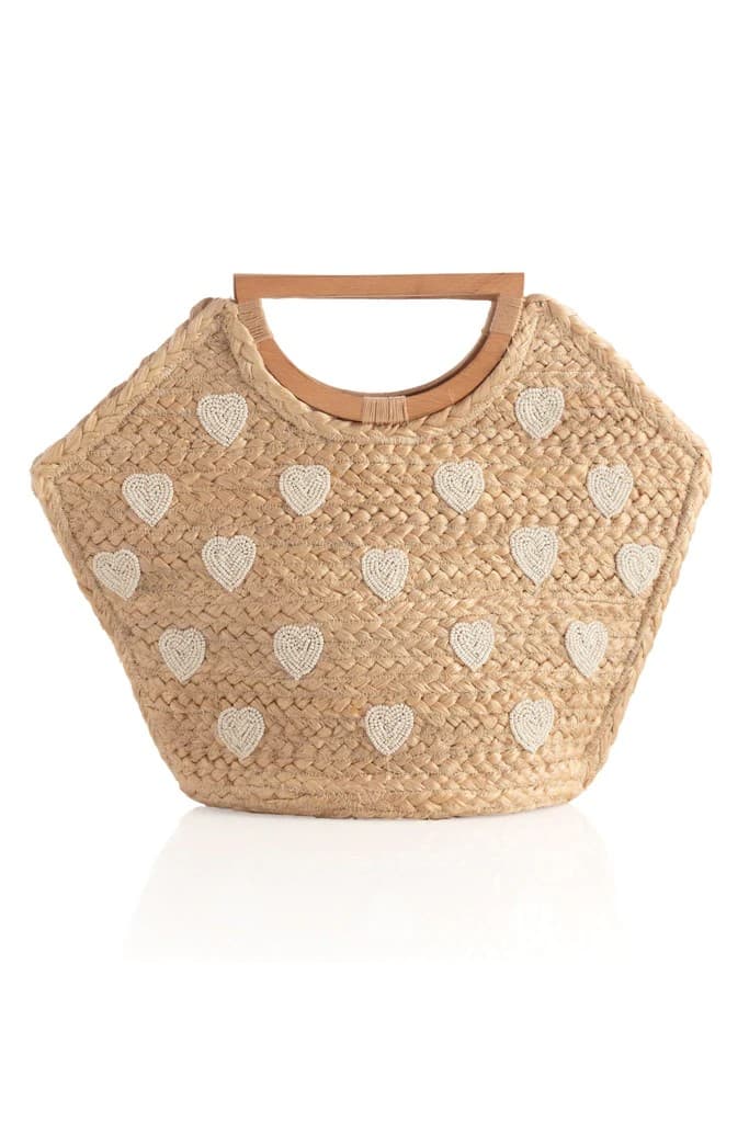 NATURAL MINI TOTE BAG WITH HEART SLOGAN AND WOOD HANDLES