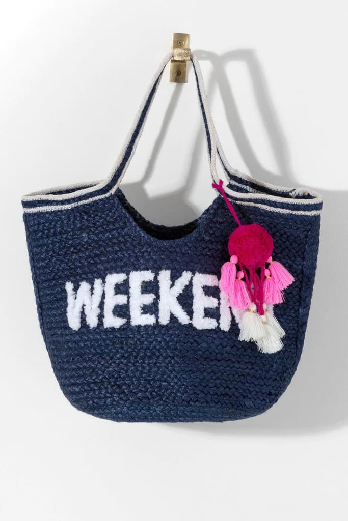 WEEKEND SLOGAN JUTE BEACH TOTE BAG
