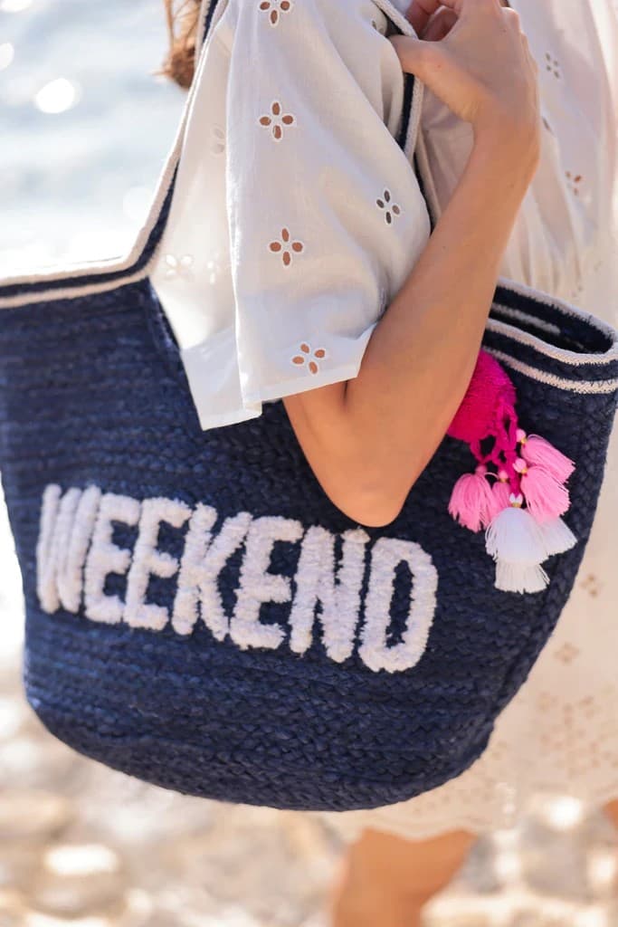 WEEKEND SLOGAN JUTE BEACH TOTE BAG