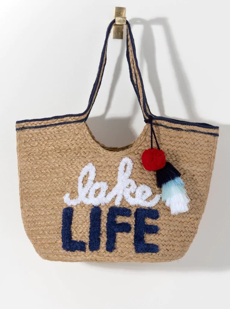 LAKE LIFE SLOGAN JUTE BEACH TOTE BAG