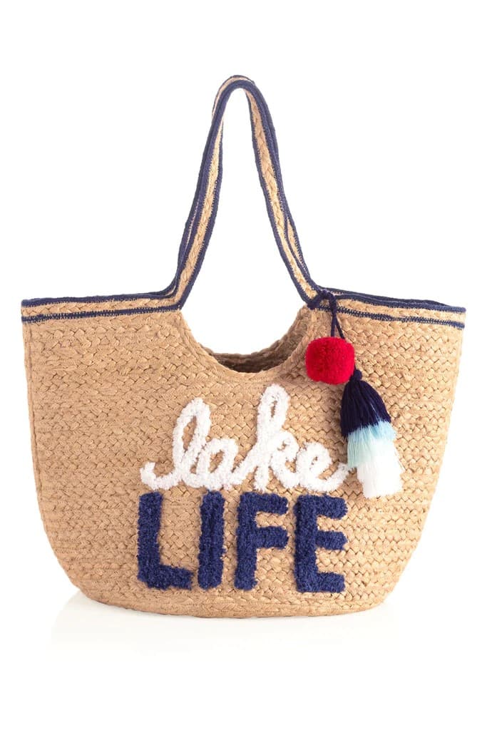 LAKE LIFE SLOGAN JUTE BEACH TOTE BAG