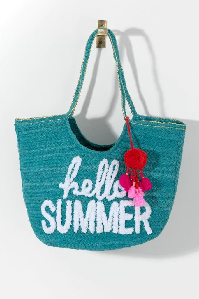 HELLO SUMMER SLOGAN JUTE BEACH TOTE BAG